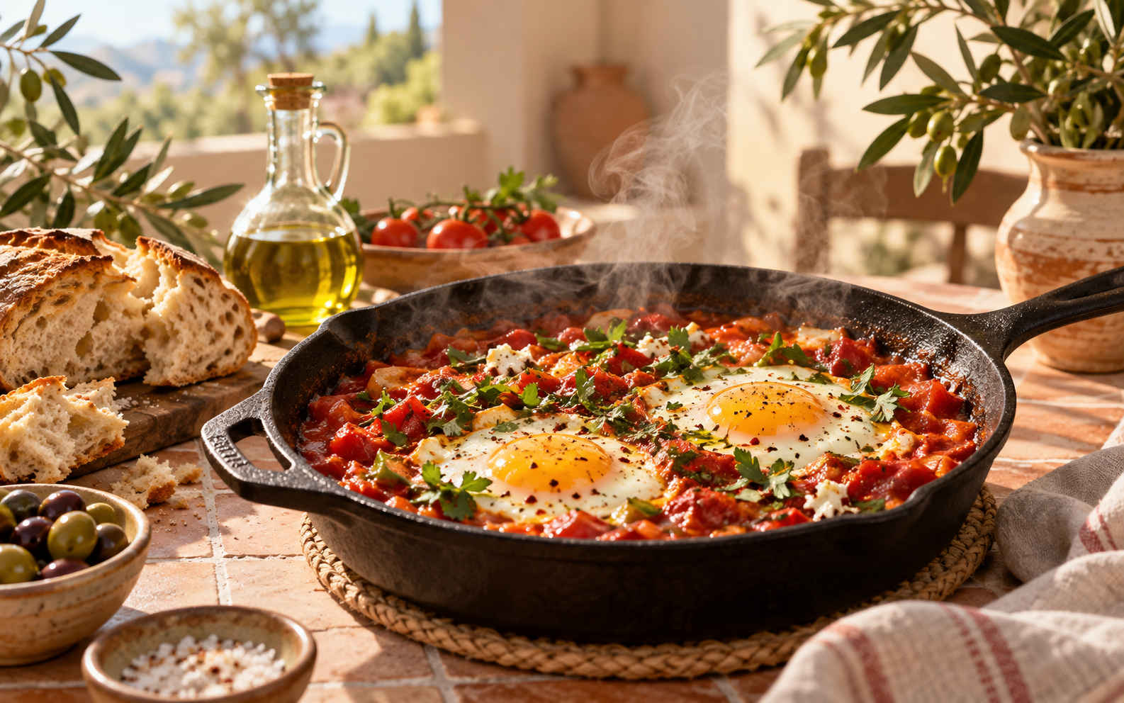 Hot shakshuka in a sunlit kitchen