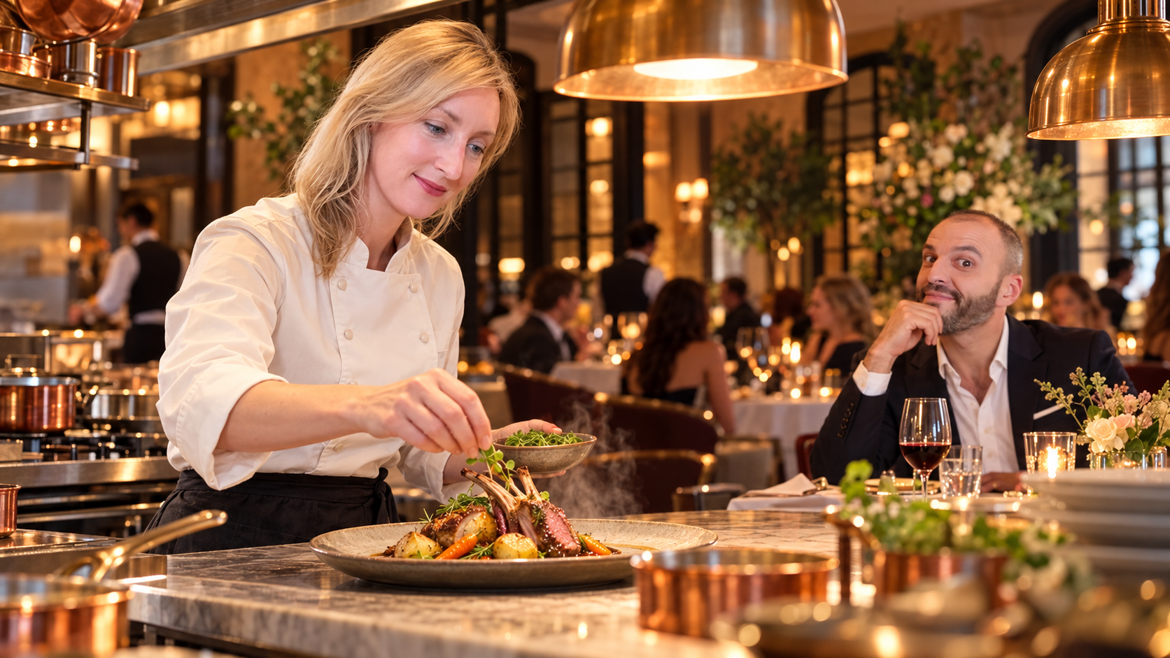 Imagined scene of Meagan plating steaming lamb in an elegant open kitchen while her husband watches from a restaurant table